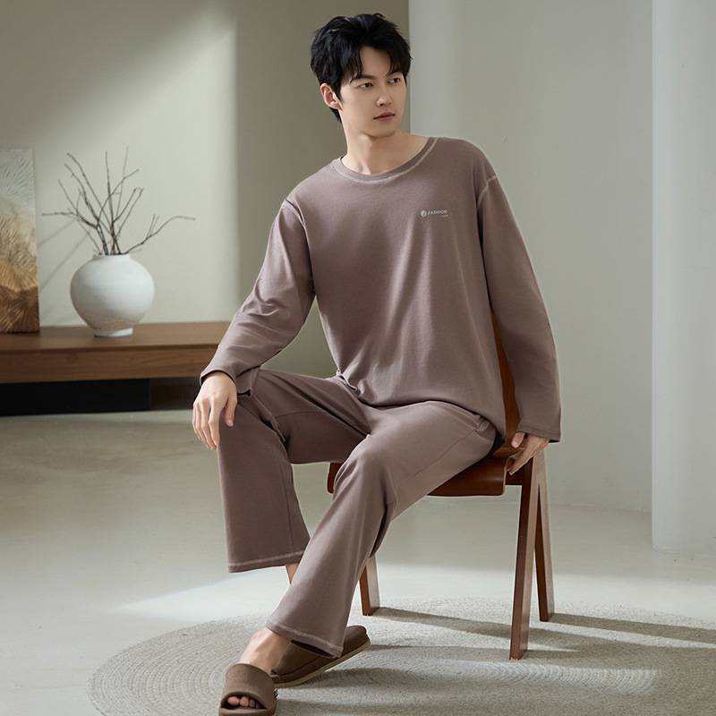 专柜品牌男纯棉爽棉套头家居服长袖长裤简约韩版圆领宽松大码男生