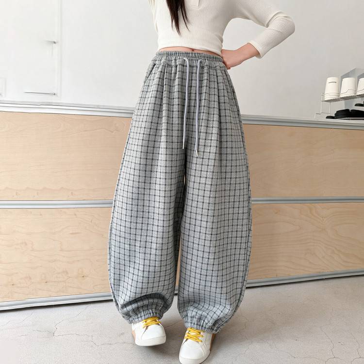 专柜品牌女童裤子春秋季2026新款儿童韩系儿童格子裤秋装女大童宽