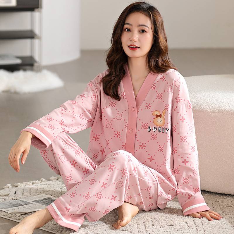 专柜品牌春秋长袖长裤V领纯棉睡衣女高档新款卡通家居服两件套装
