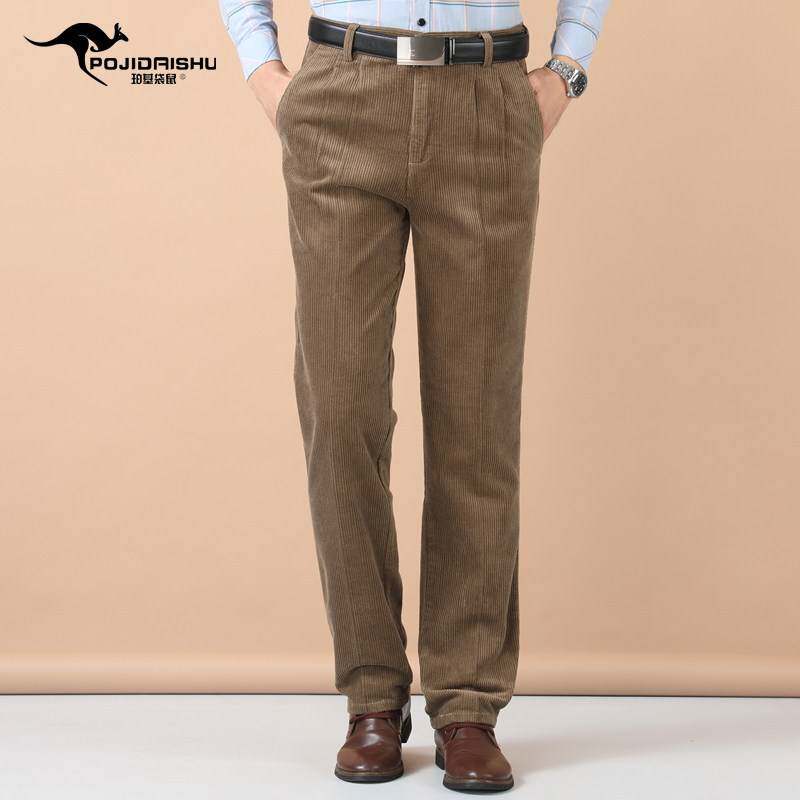 专柜品牌冬季厚款中年男式条绒裤休闲裤中老年高腰双褶宽松男裤子
