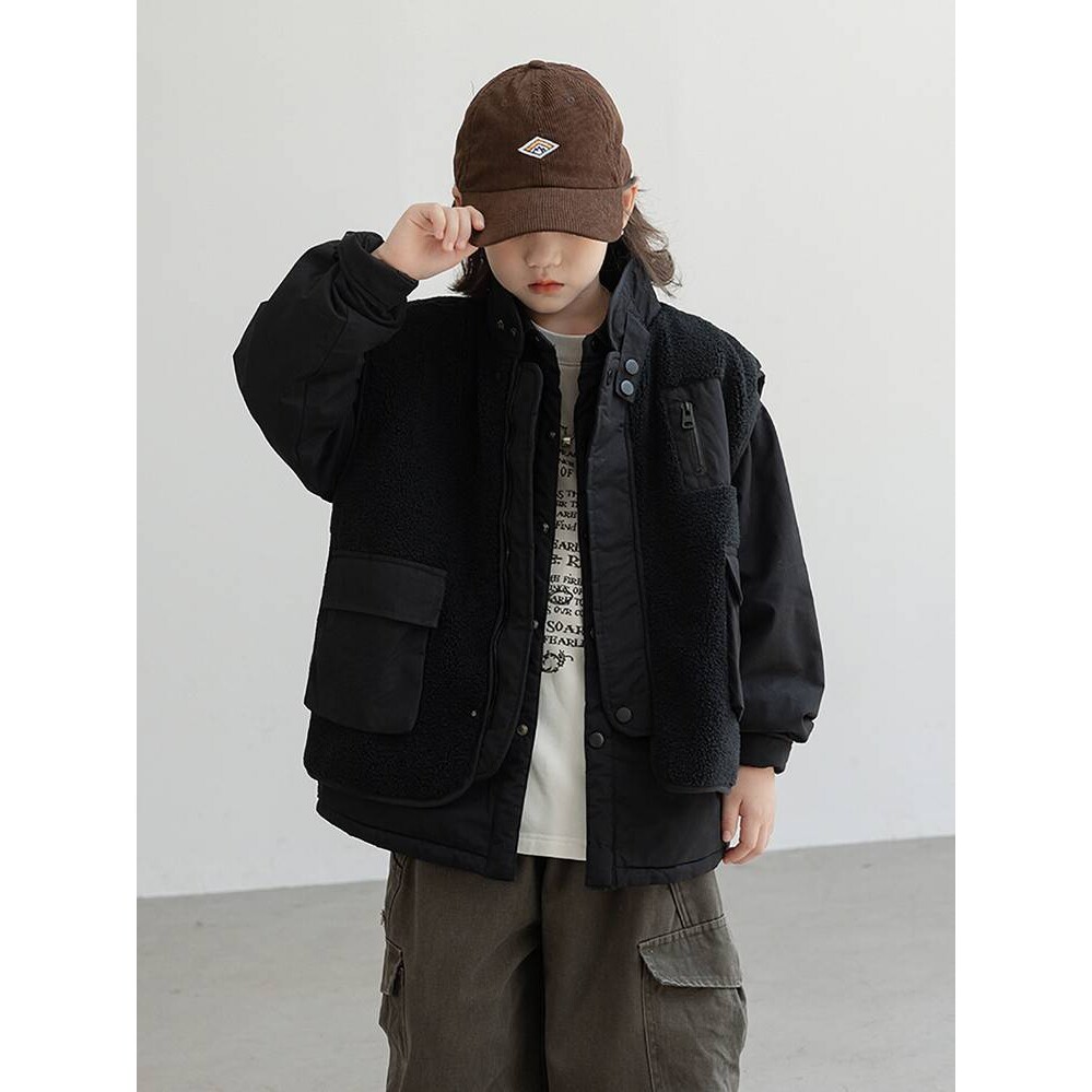 专柜品牌男童工装马甲外套秋冬款2025新款儿童羊羔绒中大童夹棉上