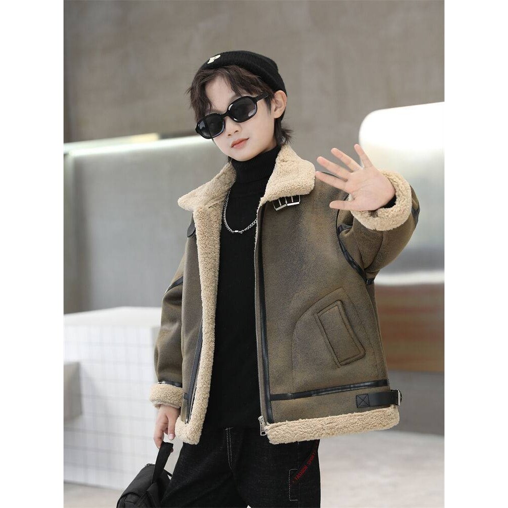 专柜品牌男童皮毛一体加厚保暖外套大儿童羊羔毛加绒初中生上衣秋