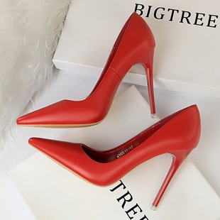 红色浅口尖头性感单鞋 简约细跟超高跟鞋 气质百搭 欧美2023春秋新款