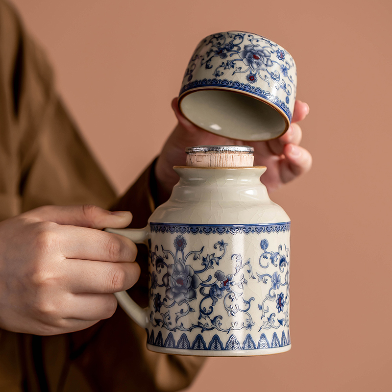 青花汝窑小暖壶陶瓷带盖马克杯家用创意焖泡茶壶办公室大容量水杯