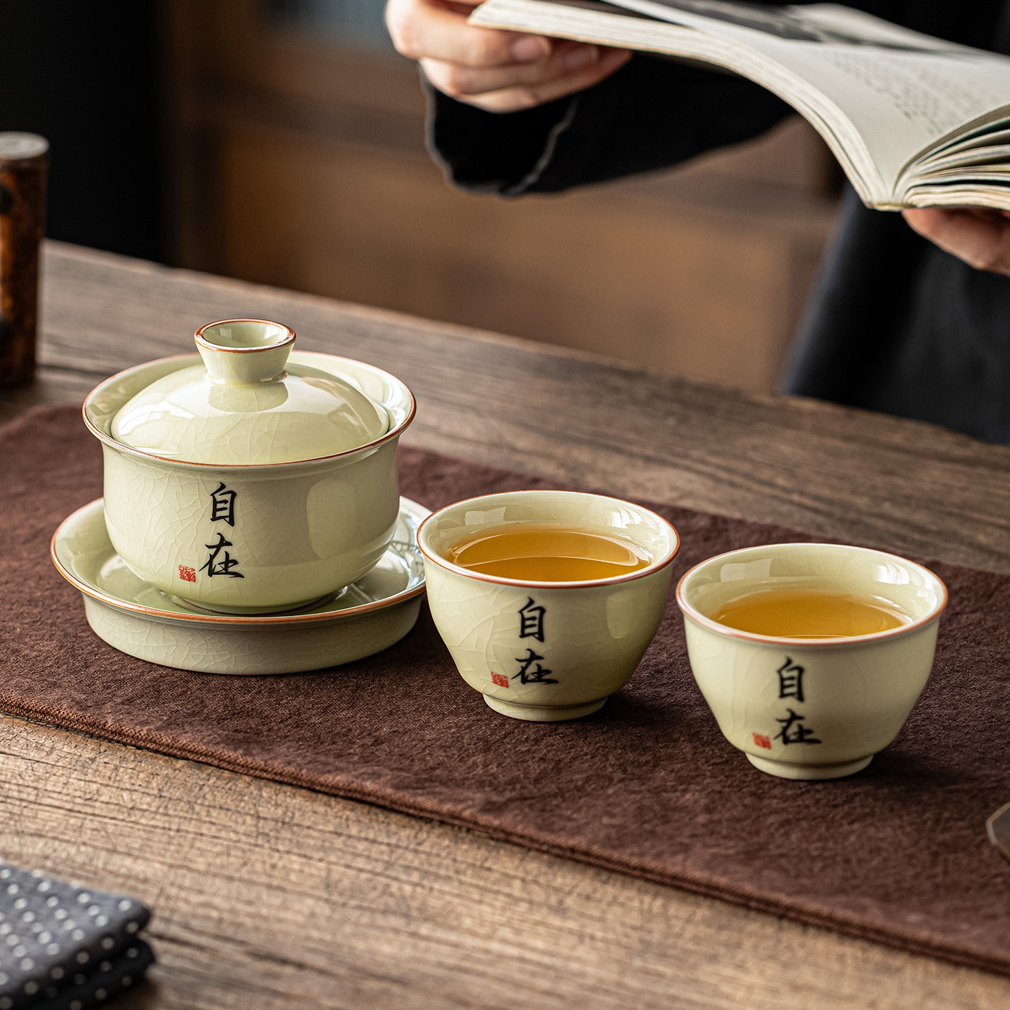 哥窑盖碗茶杯一人饮功夫茶具小套装家用陶瓷三才茶碗不烫手泡茶器