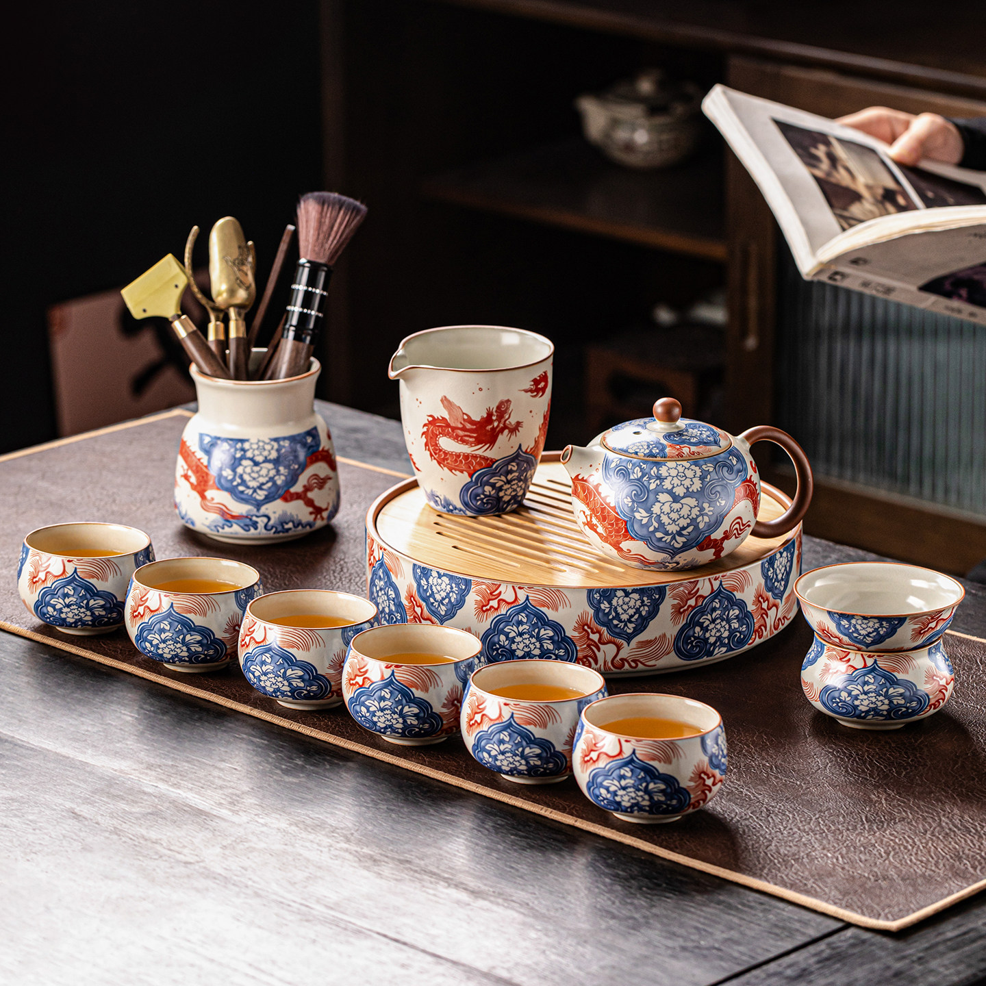 汝窑功夫茶具套装办公室家用陶瓷整套轻奢泡茶壶茶杯圆形茶盘喝茶,餐饮具,功夫茶具,淘宝优惠券,粉丝福利购,淘宝优惠卷