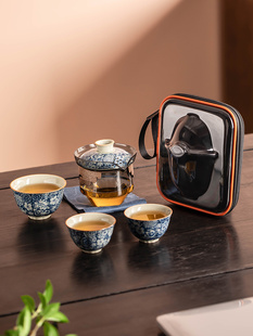 轻奢高档露营便携式 古汝青花汝窑户外旅行茶具套装 一壶三杯快客杯