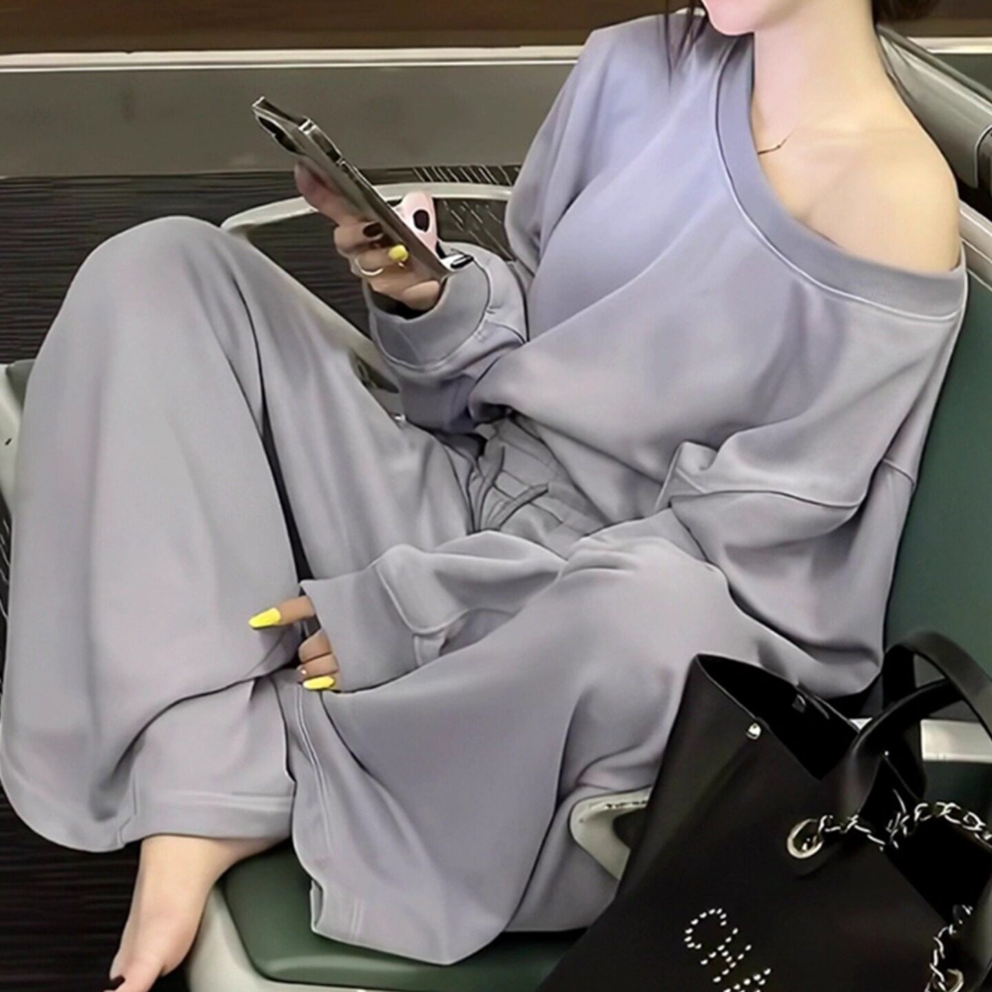 美式复古露肩长袖卫衣女2026新款运动宽松休闲抽绳阔腿长裤套装潮