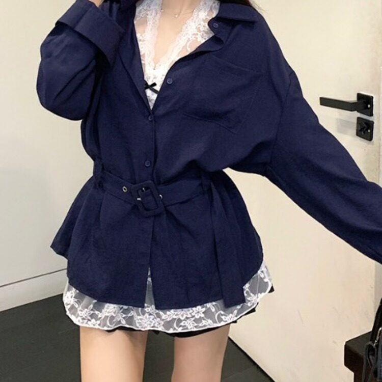 性感纯欲设计感小众腰带宽松显瘦收腰衬衫女修身蕾丝裙打底两件套