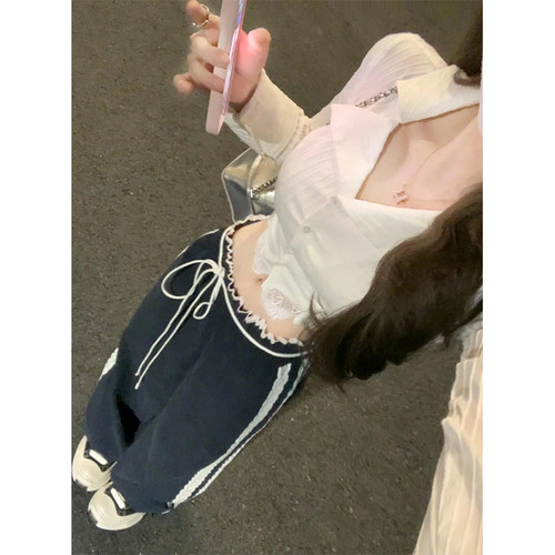 韩系蕾丝拼接裤子女2026新款设计感小众高腰直筒休闲运动阔腿长裤