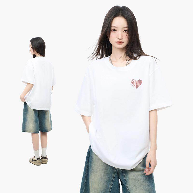 莫小仙广州服饰有限公司桃色爱心短袖宽松女纯棉粉色少女印花t恤