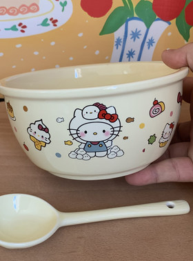 少女心KT猫陶瓷泡面碗带盖带勺宿舍用家用日式网红卡通可爱耐高温