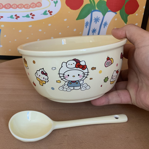 少女心KT猫陶瓷泡面碗带盖带勺宿舍用家用日式网红卡通可爱耐高温