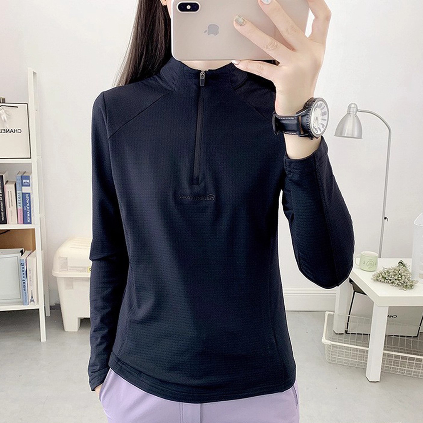 加绒运动T恤女速干衣长袖立领跑步健身瑜伽服秋冬打底衫抓绒卫衣