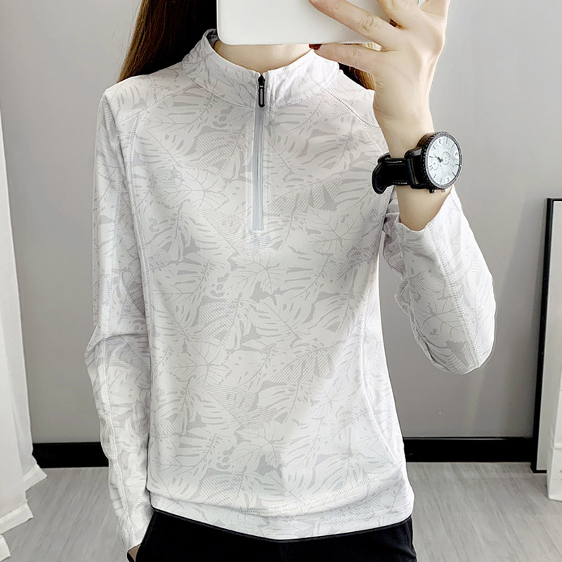 枫叶印花春秋季户外速干衣女长袖立领宽松大码运动T恤徒步登山服