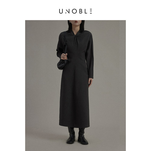 UNoble 极简设计感小众胸前扭结连衣裙女高级感 收腰气质优雅长裙