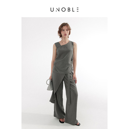 UNoble/斜肩设计背心休闲裤套装女 通勤无袖上衣+飘带长裤两件套