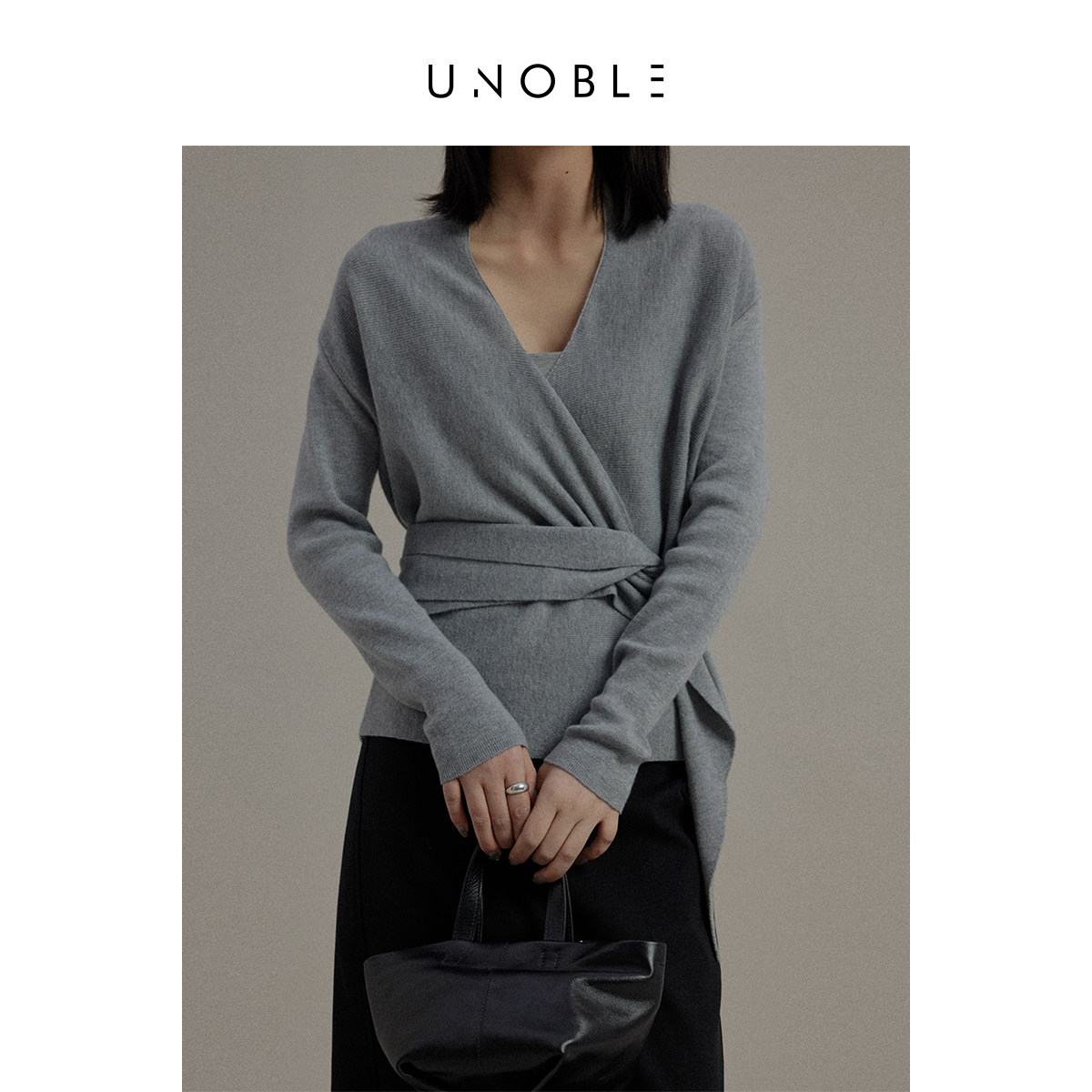 UNoble 套头交叉绑带羊毛针织上衣女 收腰长袖飘带针织衫V领外穿
