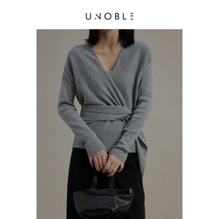飘带针织衫 收腰长袖 V领外穿 套头交叉绑带羊毛针织上衣女 UNoble