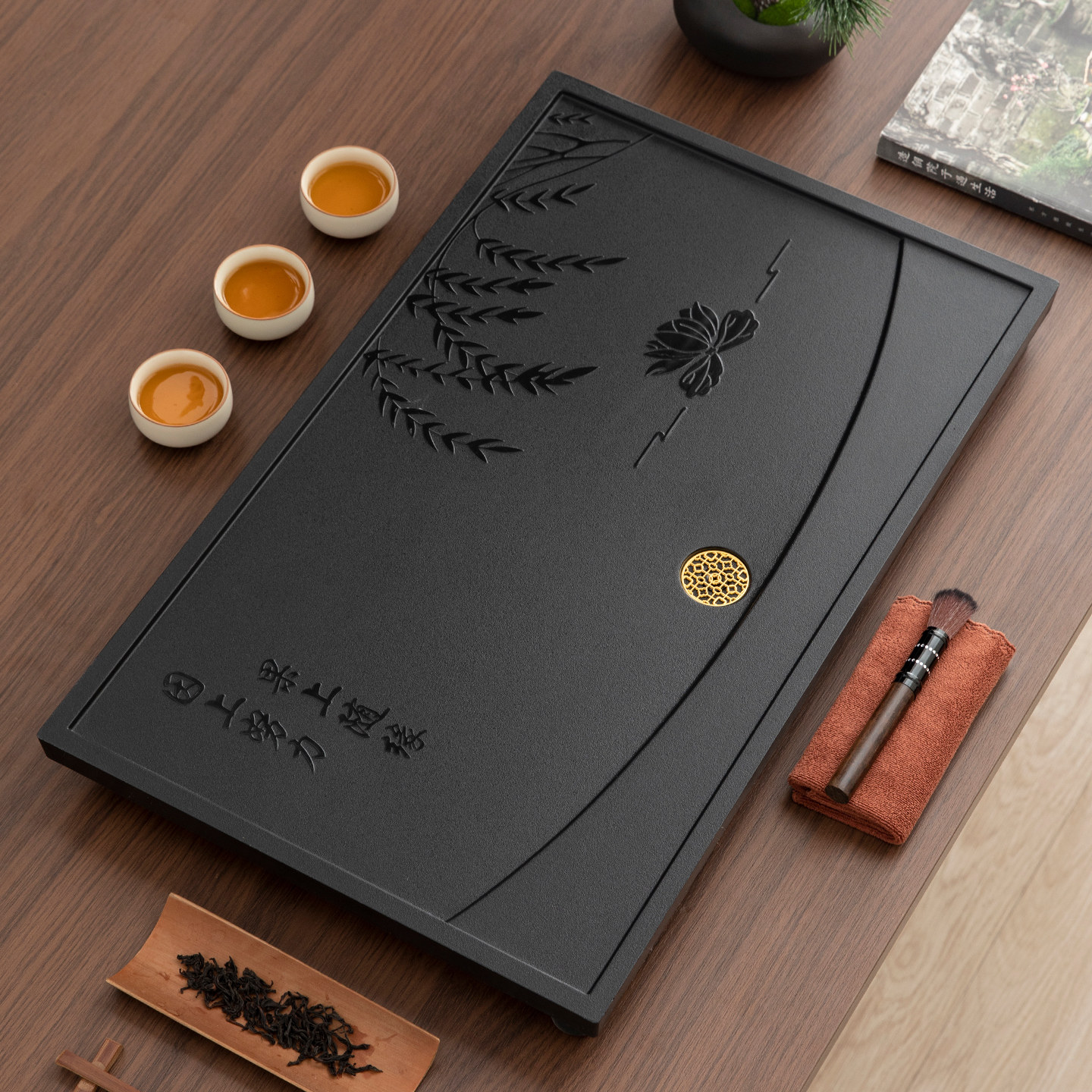 茶盘家用彷乌金石简约整块长方形石材托盘单层排水式功夫茶具茶台