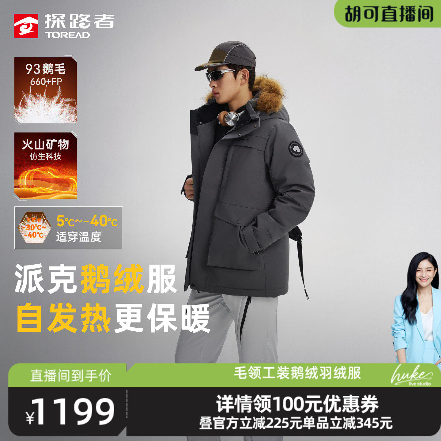 鹅绒探路者羽绒服工装派克服