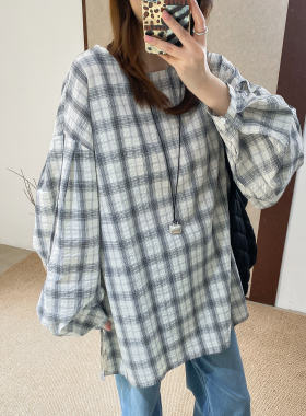 菲尔丹 文艺洗水定型泡泡棉圆领大格子长袖宽松圆领中长衬衫1016