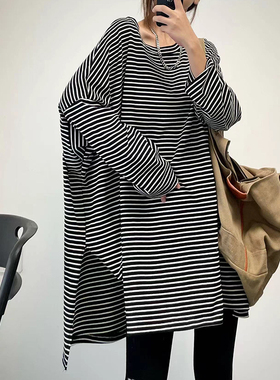 菲尔丹 慵懒风长绒棉条纹圆领长袖T恤 日韩原宿开叉盖臀打底T 591