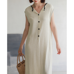 连衣裙 老钱风棉麻撞色边无袖 前后两面可穿长裙2089 法式 菲尔丹