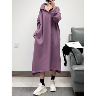 菲尔丹 质感棉V型翻领宽松长袖秋冬卫衣裙 大版直筒厚连衣裙334