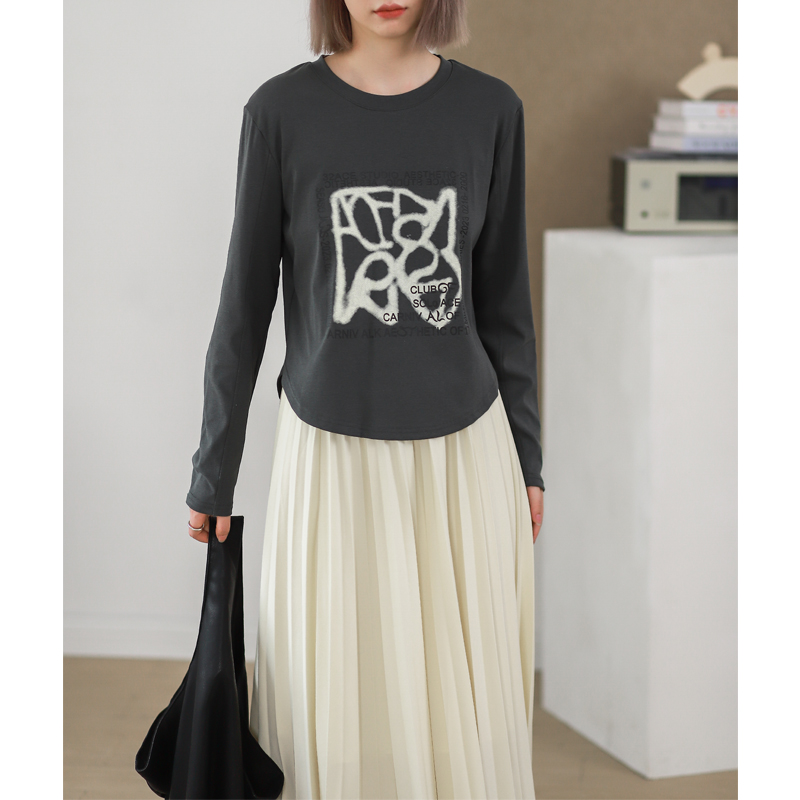 长袖韩系厚弧形下摆针织棉T恤