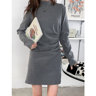 大弹力厚棉1154 打底连衣裙 型绝好 收褶设计藏肚腩显瘦半高领长袖