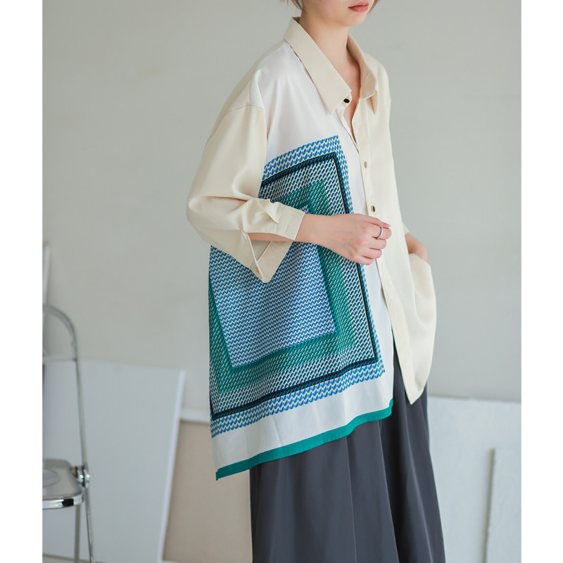 菲尔丹 港味小众设计 拼接方巾七分袖宽松中长款衬衫 多穿法6621