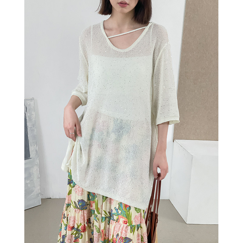 闪闪T薄针织衫港风欧美五分短袖