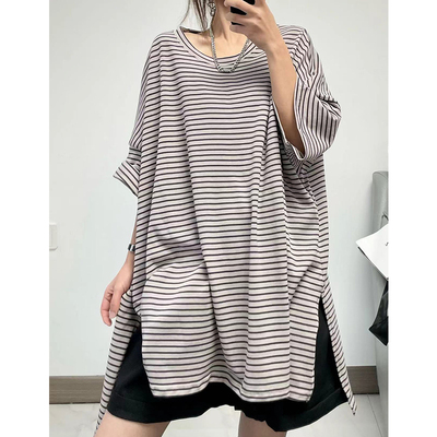 薄条纹纯棉慵懒欧美五分短袖T恤