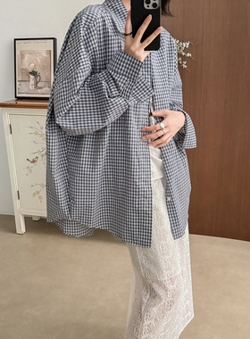 菲尔丹 品质格子平纹棉 经典学院小蓝格长袖中长款大版衬衫921