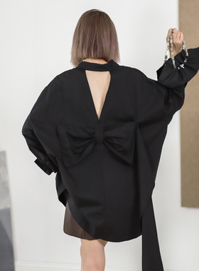 菲尔丹 暗黑系甜酷风 背后镂空大蝴蝶结长袖小礼服型长衬衫3013