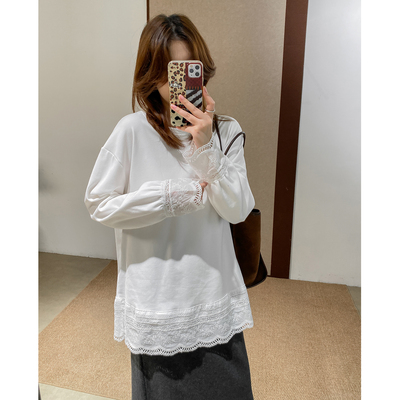 菲尔丹 加薄绒 秋冬打底层次叠穿盖臀刺绣花边长款长袖厚白T25535