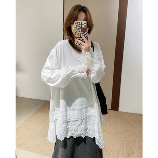 菲尔丹 韩国重工艺 打褶蕾丝花边斜摆长袖纯棉白色打底长T恤8057