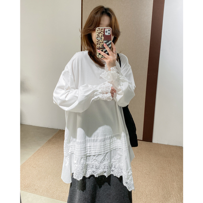 韩系蕾丝花边斜摆长袖打底T恤