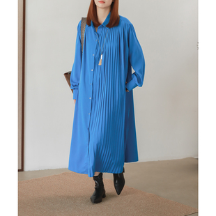 菲尔丹 港风厚珍珠雪纺百褶翻领长袖衬衫裙 宽松打底长连衣裙5600