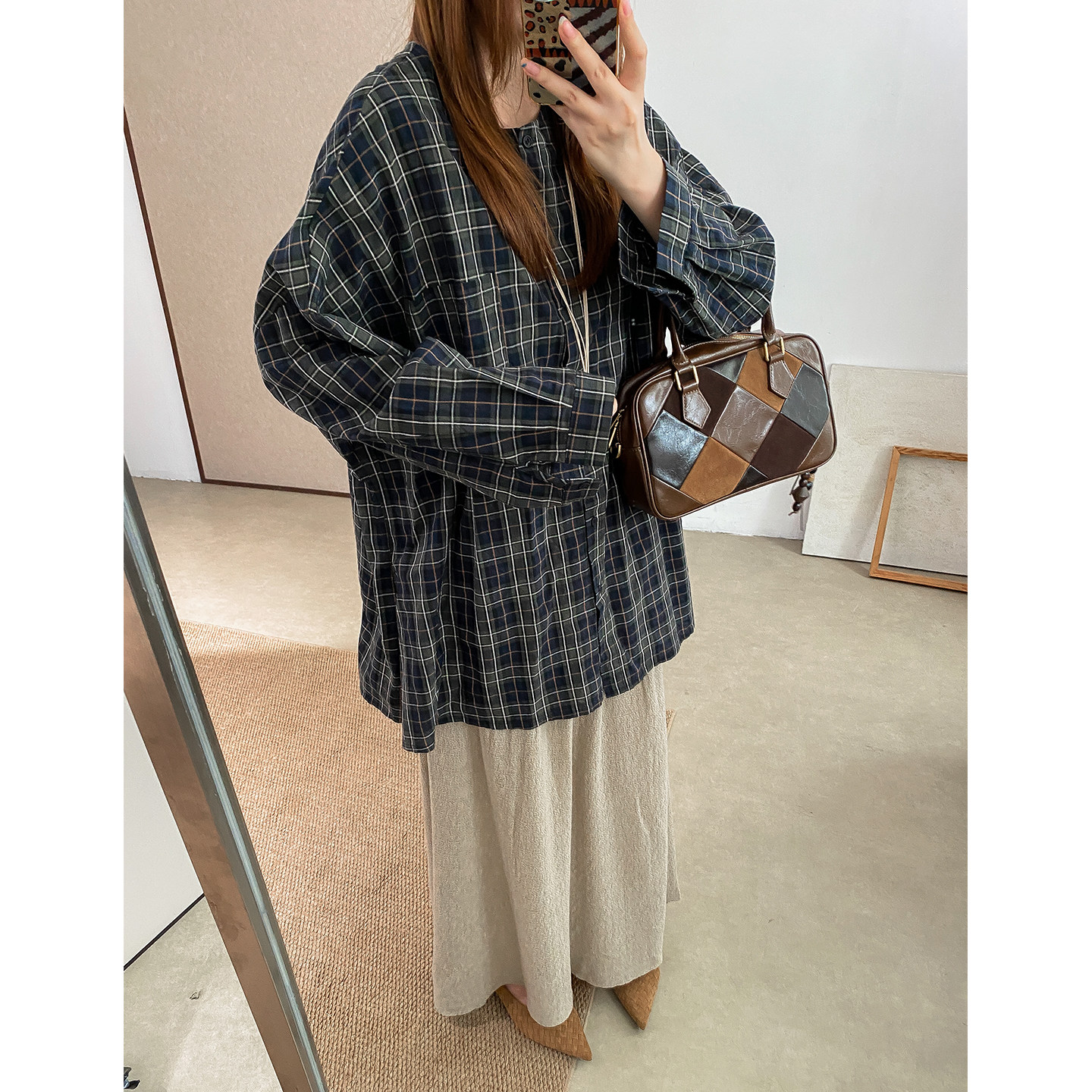 菲尔丹复古格子洗水棉宽松衬衫