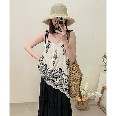 波西米亚度假风图腾印花吊带