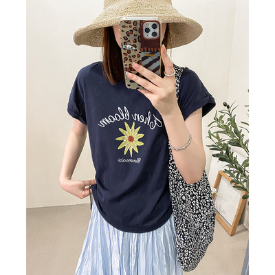 遮手臂显瘦侧抽绳收腰太阳花T恤