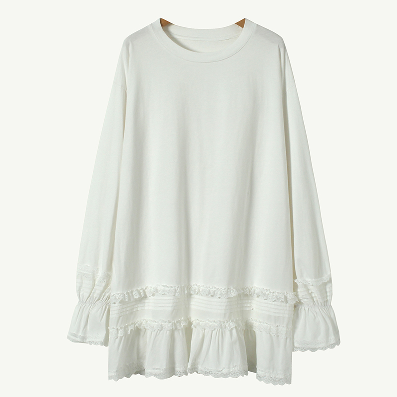 蕾丝裙摆适中纯棉长袖花边T裙