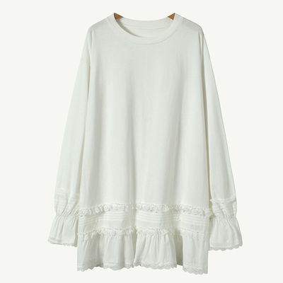 蕾丝裙摆适中纯棉长袖花边T裙