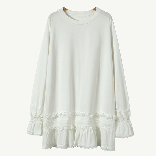 蕾丝裙摆适中纯棉长袖花边T裙