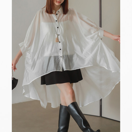 真丝灯笼蝙蝠五分袖飘逸燕尾衬衫