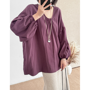 菲尔丹 港风人在衣中晃 巨大版 低U领 显白紫色宽松长袖衬衫5280