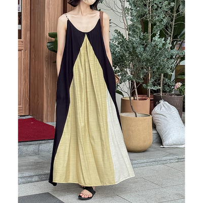 度假风拼色显瘦宽松吊带连衣裙