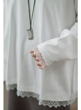 菲尔丹 点点波浪蕾丝边 宽松长款圆领纯色棉料打底衫长T恤2569